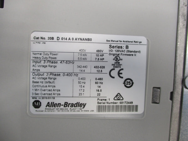 ALLEN BRADLEY 20BD014A0AYNANB0 SER. B F/W V 480VAC 14A NSMP