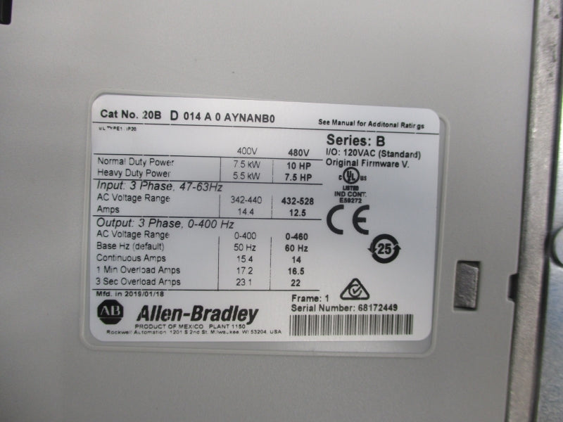 ALLEN BRADLEY 20BD014A0AYNANB0 SER. B F/W V 480VAC 14A NSMP