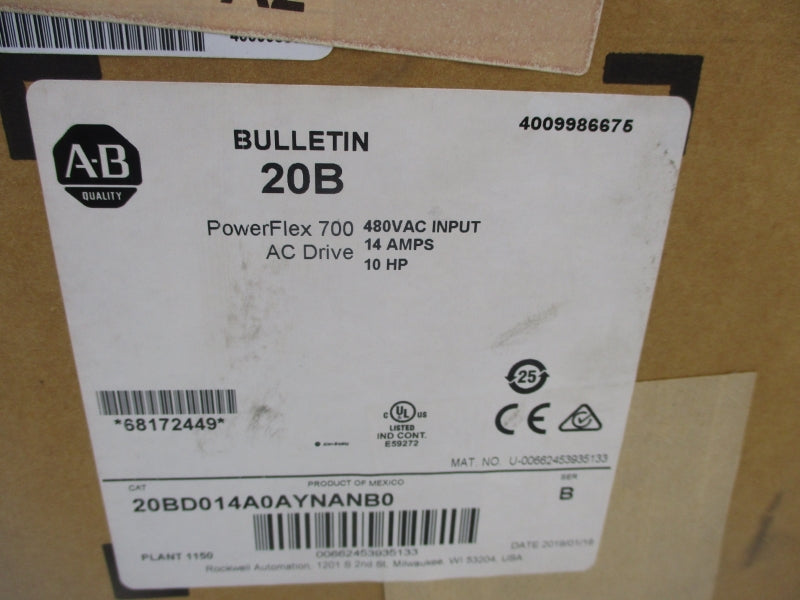 ALLEN BRADLEY 20BD014A0AYNANB0 SER. B F/W V 480VAC 14A NSMP