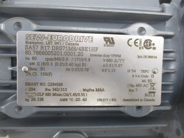 SEW-EURODRIVE SA57 R17 DRS71M8/4BE1HF 460V 0.61/0.67A NSNP