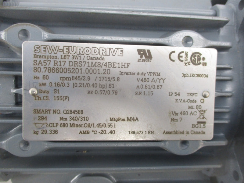 SEW-EURODRIVE SA57 R17 DRS71M8/4BE1HF 460V 0.61/0.67A NSNP