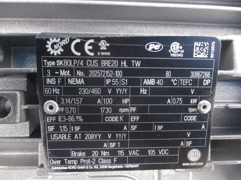 NORD SK80LP/4 CUS BRE20 HL TW 230/460V 3.14/1.57A NSNP