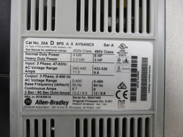 ALLEN BRADLEY 20AD8P0A0AYNANC0 SER. A F/W 5.001 480V 8A NSNP