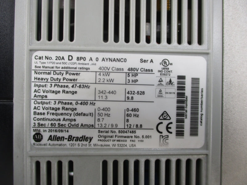 ALLEN BRADLEY 20AD8P0A0AYNANC0 SER. A F/W 5.001 480V 8A NSNP