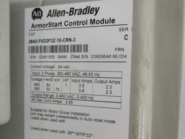 ALLEN BRADLEY 284D-FVD2P3Z-10-CRN-3 SER. C F/W 66.004 24VDC 3.5A (AS PICTURED) UNMP