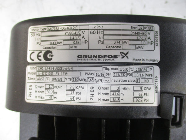 GRUNDFOS CM1-5A-R-I-E-A00EJ-A-A-N ML71BA 400/460-2C-J 380-415V 1.4-1.5A 62PSI NSMP