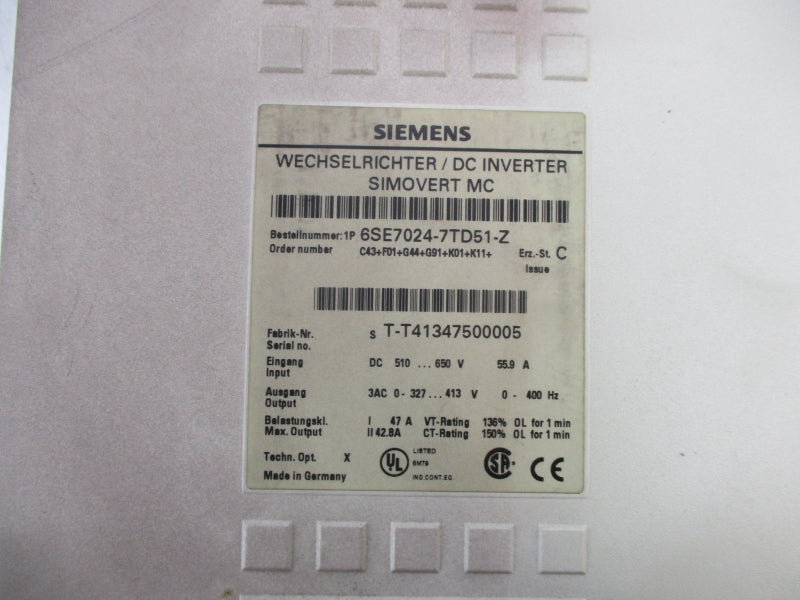 SIEMENS 6SE7024-7TD51-Z 650V 55.9A (AS PICTURED) UNMP
