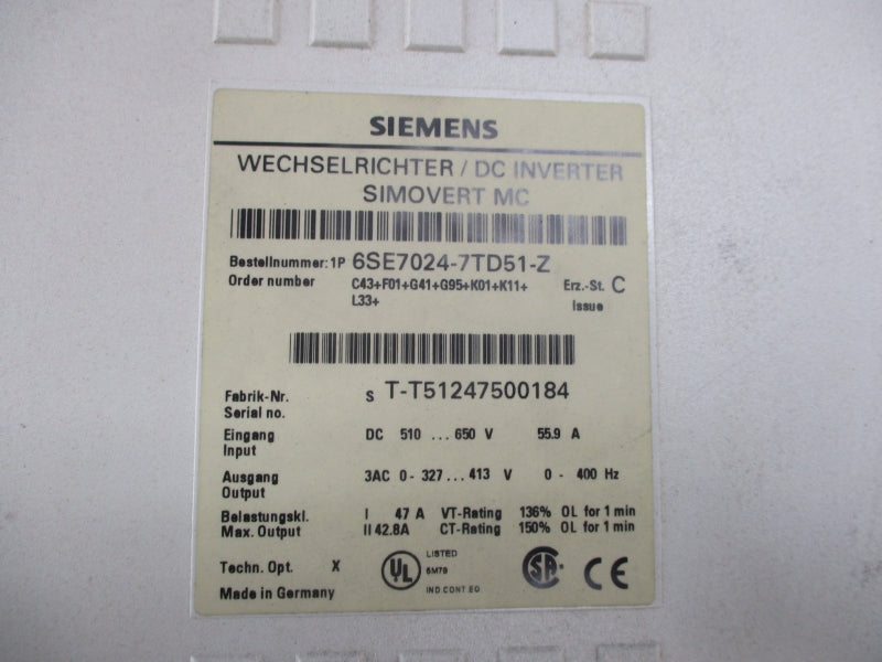 SIEMENS 6SE7024-7TD51-Z 650V 55.9A NSNP