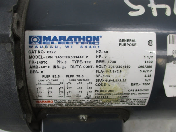 MARATHON EVN 145TTFR5334AF P 208-230/460V 6-5.8/2.9A UNMP