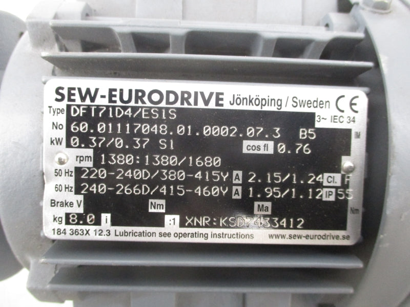 SEW-EURODRIVE DFT71D4/ES1S 220-240/380-415V 2.15/1.24A (AS PICTURED) UNMP