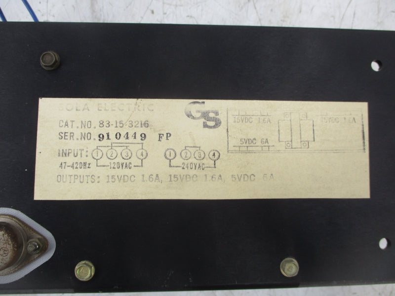 SOLA ELECTRIC 83-15-3216 15VDC 1.6A UNMP