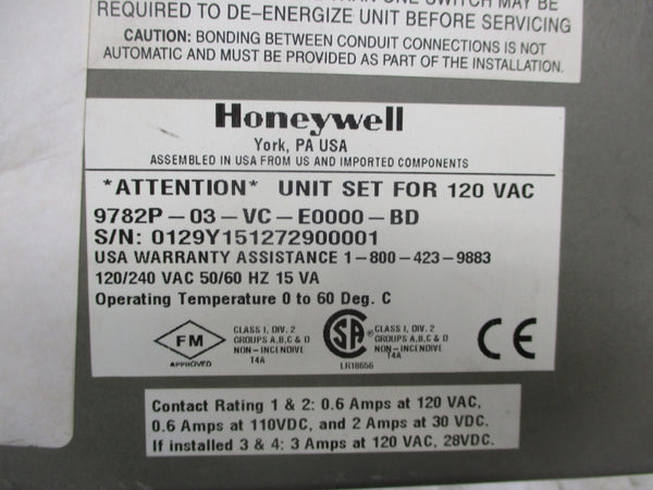 HONEYWELL 9782P-03-VC-E0000-BD 120/240VAC 0.6A UNMP
