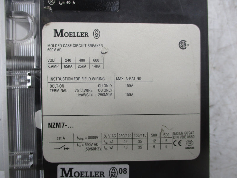 MOELLER NZM7-40N-NA 600VAC 40A NSNP
