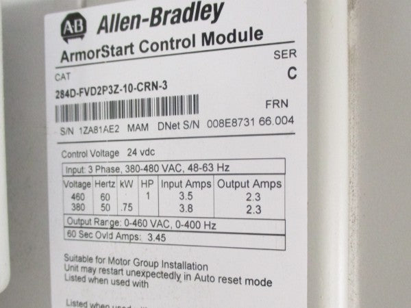 ALLEN BRADLEY 284D-FVD2P3Z-10-CRN-3 SER. C F/W 66.004 460V 3.5A (AS PICTURED) UNMP