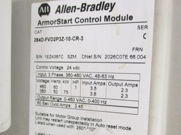 ALLEN BRADLEY 284D-FVD2P3Z-10-CRN-3 SER. C F/W 66.004 460V 3.5A (AS PICTURED) UNMP