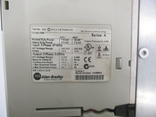 ALLEN BRADLEY 20D D014A3EYNANCCK SER. A F/W 4.002 432-528V 12.8A UNMP
