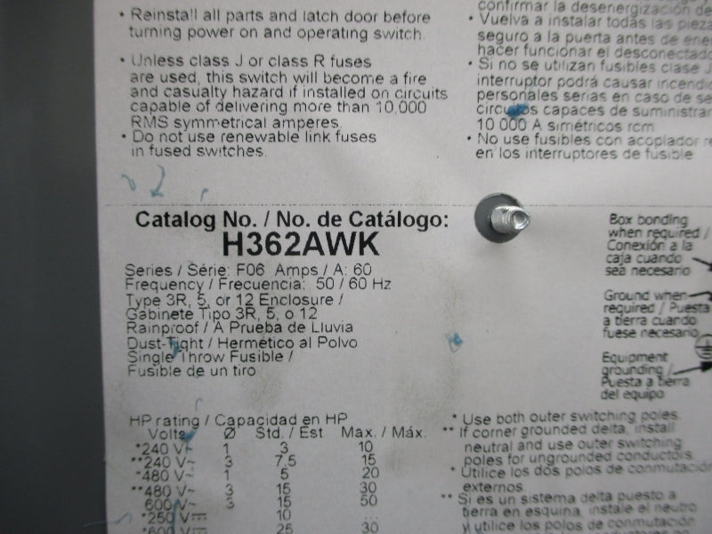 SQUARE D H362AWKEI 600VAC 60A NSMP