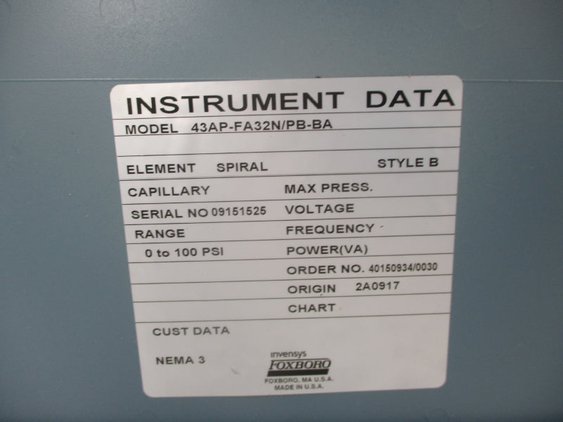 FOXBORO 43AP-FA32N/PB-BA 0-100PSI NSNP