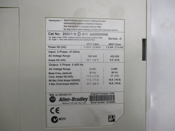 ALLEN BRADLEY 20G11ND011AA0NNNNN SER.A F/W 9.001 480VAC 11A NSMP