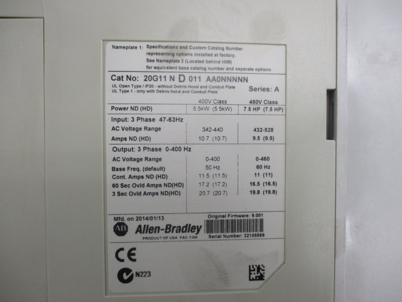 ALLEN BRADLEY 20G11ND011AA0NNNNN SER.A F/W 9.001 480VAC 11A NSMP