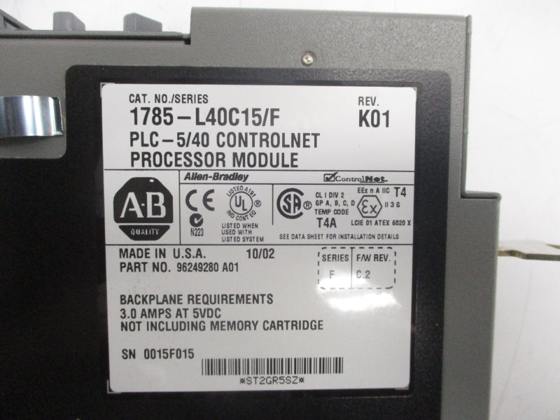 ALLEN BRADLEY 1785-L40C15 SER. F F/W C.2 REV. K01 5VDC 3.0A NSMP