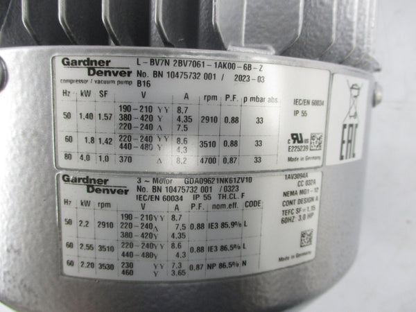 GARDNER DENVER L-BV7N 2BV7061-1AK00-6B-Z GDA09621NK612V10 230/460V 7.3-3.65A NSNP