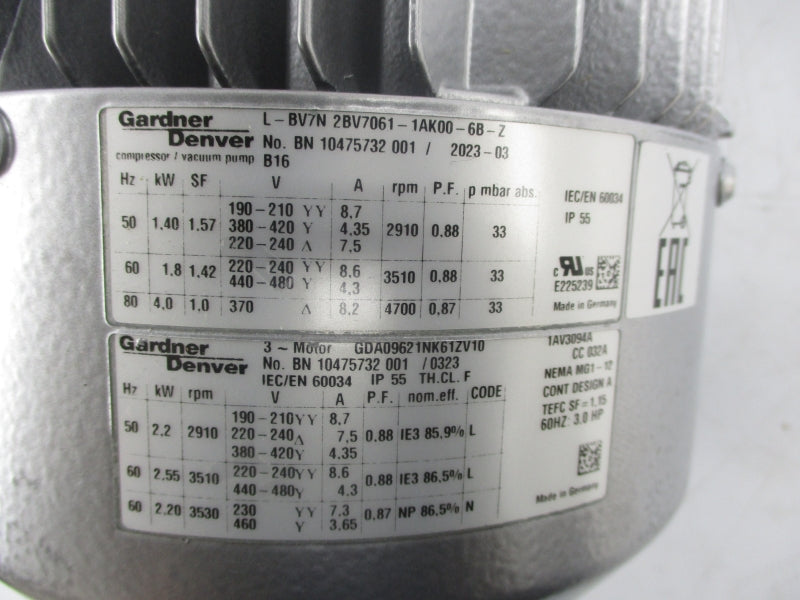 GARDNER DENVER L-BV7N 2BV7061-1AK00-6B-Z GDA09621NK612V10 230/460V 7.3-3.65A NSNP