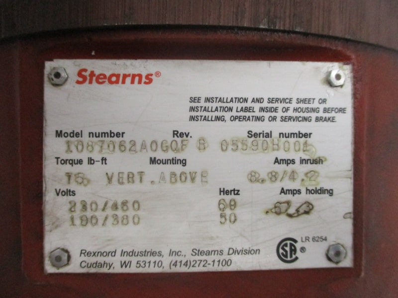 STEARNS 1087062A0G0F REV. B 230/460V 8.8/4.2A UNMP