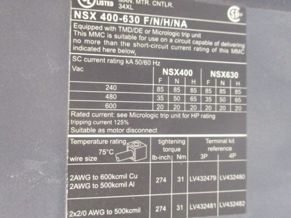 SCHNEIDER ELECTRIC NSX630F/N/H/NA 690V 630A (AS PICTURED) UNMP