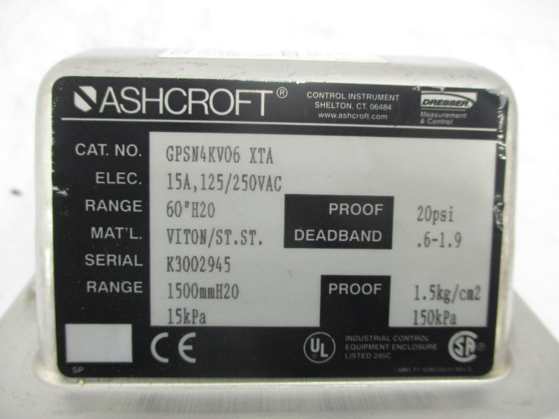 ASHCROFT GPSN4KV06XTA 125/250VAC 15A 60"H2O NSNP