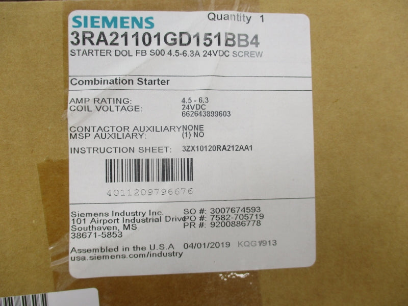 SIEMENS 3RA21101GD151BB4 24VDC 4.5-6.3A NSFS