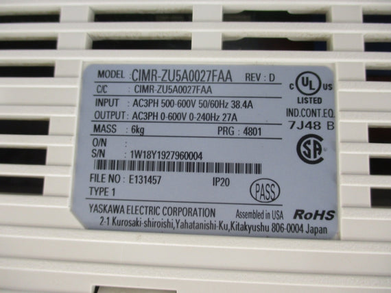 YASKAWA CIMR-ZU5A0027FAA 500-600V 38.4A (AS PICTURED) UNMP