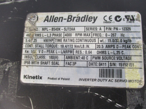 ALLEN BRADLEY MPL-B540K-SJ72AA 20.5A SER. A (AS PICTURED) UNMP