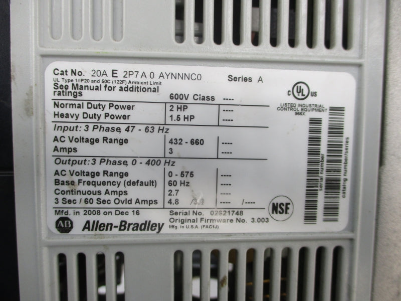 ALLEN BRADLEY 20AE2P7A0AYNNNC0 SER. A F/W 3.003 432-660VAC 3A (AS PICTURED) UNMP