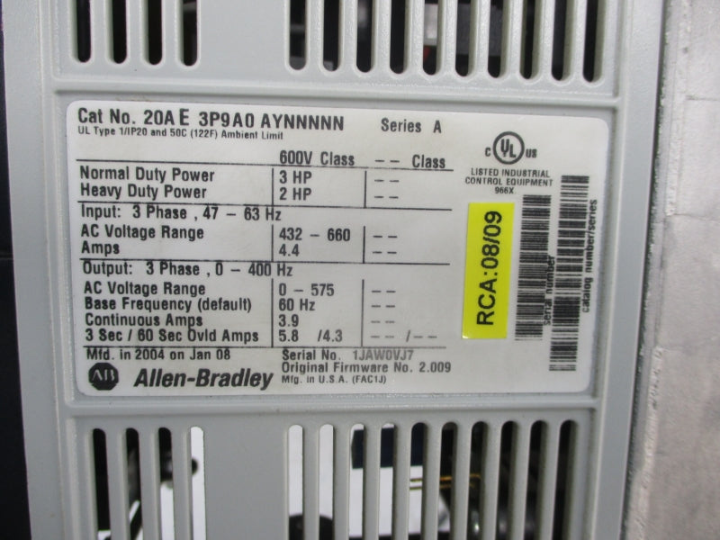 ALLEN BRADLEY 20AE3P9A0AYNNNNN SER. A F/W 2.009 432-660VAC 4.4A NSNP