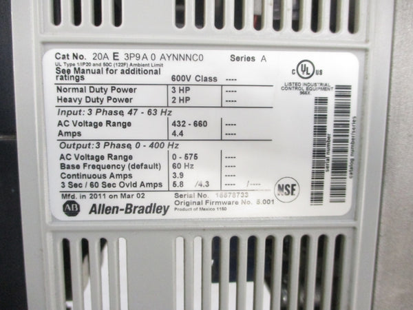 ALLEN BRADLEY 20AE3P9A0AYNNNNN SER. A F/W 5.001 432-660VAC 4.4A (AS PICTURED) UNMP