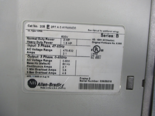 ALLEN BRADLEY 20BE2P7A0AYNAND0 SER. B F/W 6.005 475-632VAC 2.1A NSNP