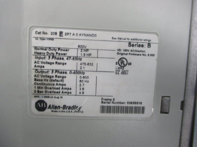 ALLEN BRADLEY 20BE2P7A0AYNAND0 SER. B F/W 6.005 475-632VAC 2.1A NSNP