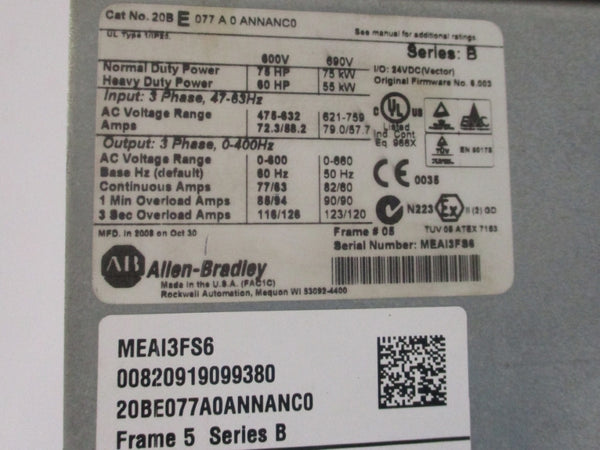 ALLEN BRADLEY 20BE077A0ANNANC0 SER. B F/W 6.003 475-632VAC 72.3/58.2A (AS PICTURED) UNMP