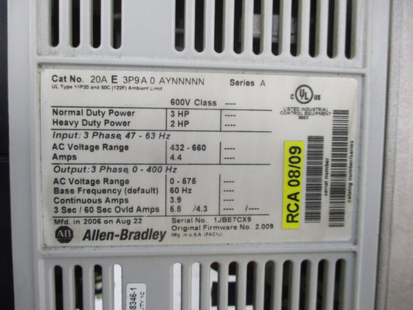 ALLEN BRADLEY 20AE3P9A0AYNNNNN SER. A F/W 2.009 432-660VAC 4.4A (AS PICTURED) UNMP