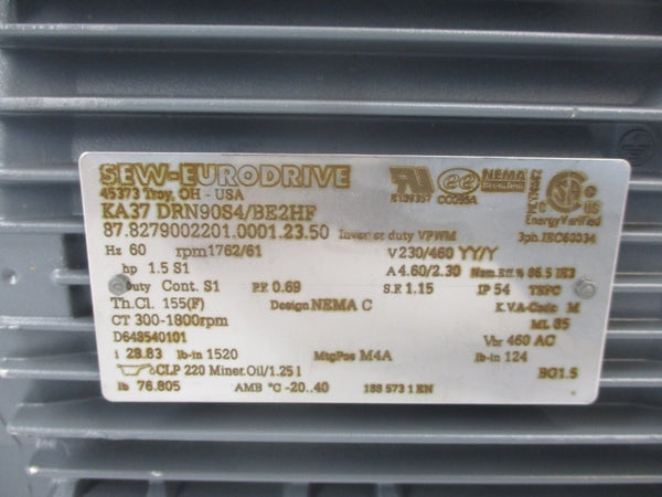 SEW-EURODRIVE KA37DRN90S4/BE2HF 230/460V 4.60/2.30A NSNP