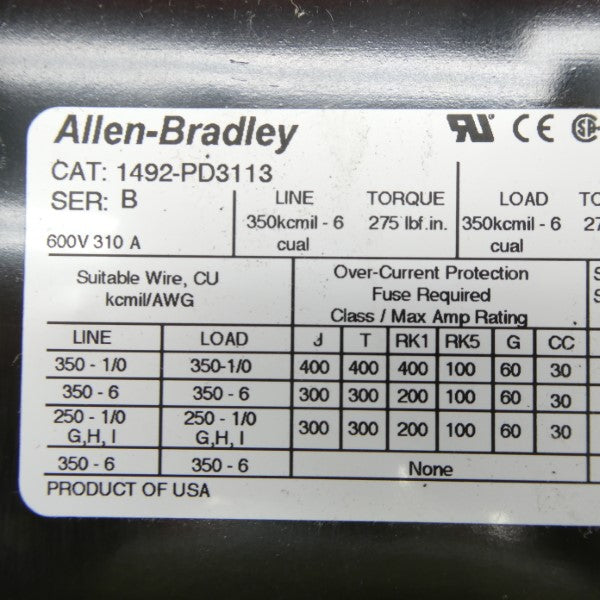 ALLEN BRADLEY 1492-PD3113 SER. B 600V 310A (WH) NSMP