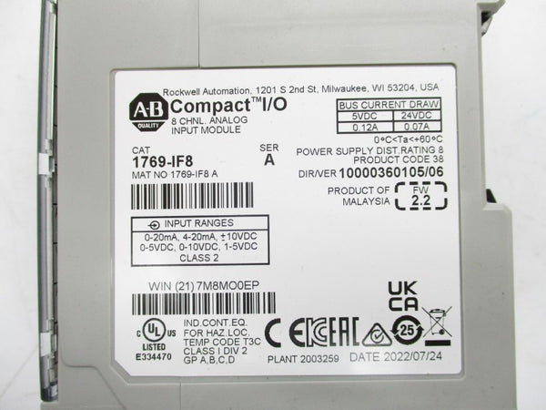 ALLEN BRADLEY 1769-IF8 SER. A F/W 2.2 24VDC 0.07A NSMP