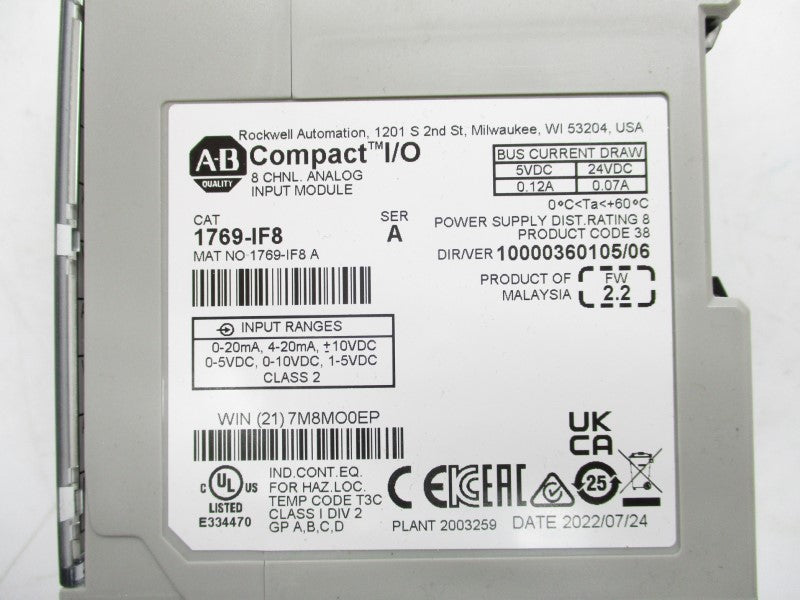 ALLEN BRADLEY 1769-IF8 SER. A F/W 2.2 24VDC 0.07A NSMP