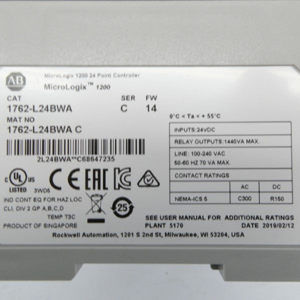 ALLEN BRADLEY 1762-L24BWA SER. C F/W 14 100-240VAC NSMP
