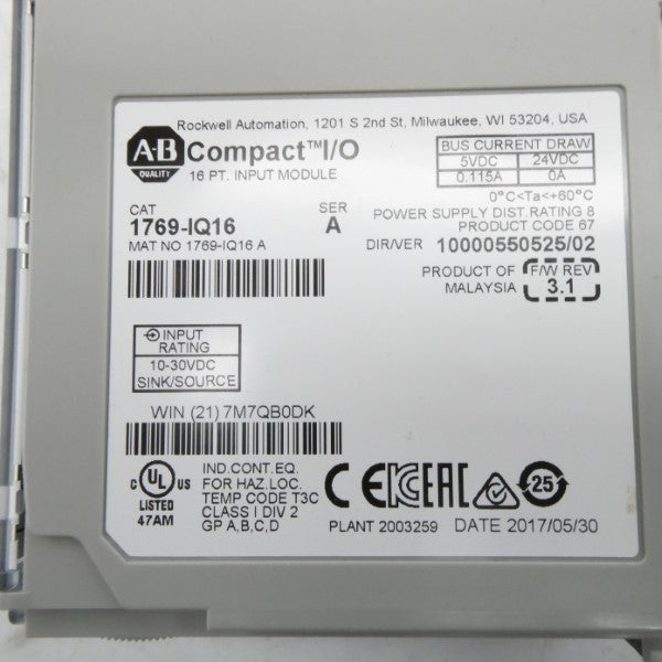 ALLEN BRADLEY 1769-IQ16 SER. A F/W 3.1 24VDC NSMP