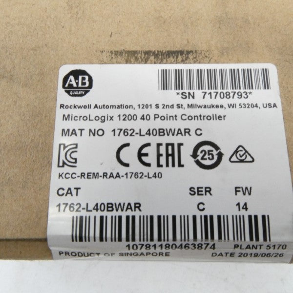 ALLEN BRADLEY 1762-L40BWAR SER. C F/W 14 DATE: 2019 NSFS
