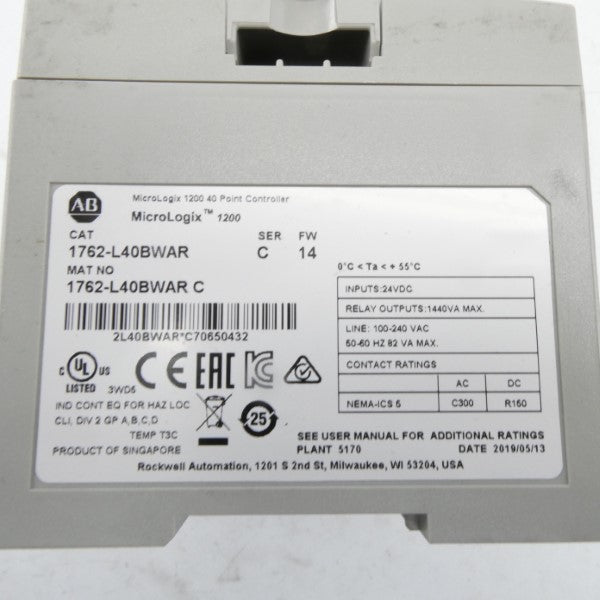 ALLEN BRADLEY 1762-L40BWAR SER. C F/W 14 24VDC NSMP