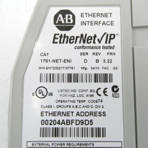 ALLEN BRADLEY 1761-NET-ENI SER. D F/W 3.22 24VDC REV. B NSMP