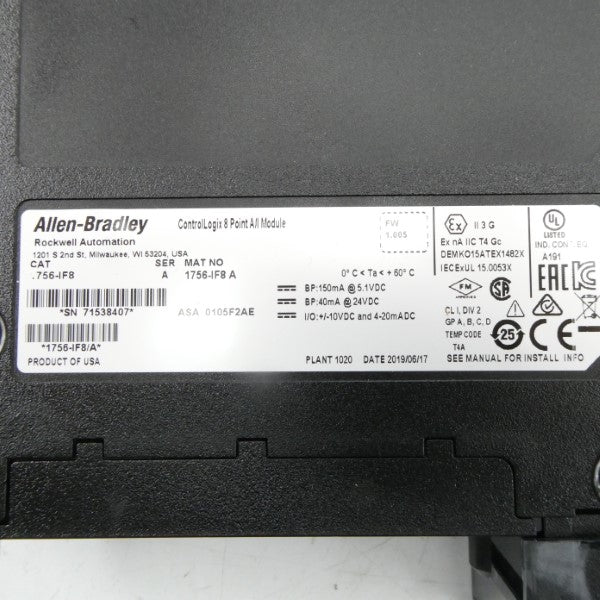 ALLEN BRADLEY 1756-IF8 SER. A F/W 1.005 24VDC NSMP